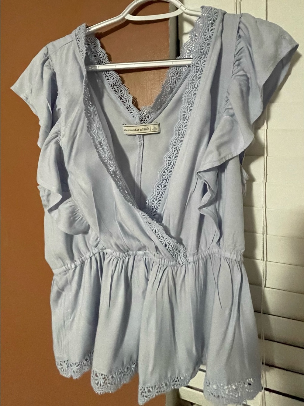 Abercrombie & Fitch Pale Blue Lace-Trim Wrap Peplum Blouse